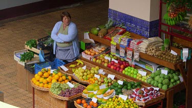Elderly Woman At Fruit & Vegetable Stall, Funchal Market, Madeira, Portugal