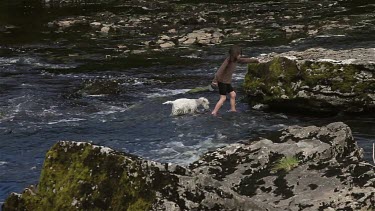Girl Walks Dog Through River, Aysgarth Falls, North Yorkshire, England