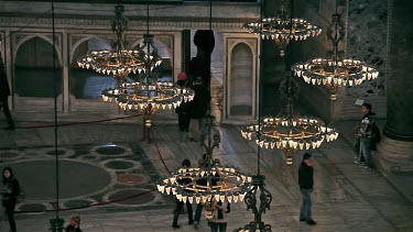 Muezzin, Mahfili & Chandeliers Inside Haghia Sophia Mosque, Sultanahmet, Istanbul, Turkey