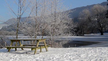 Picnic Table, Bench & Frozen Lake, Weaponness Valley, Mere, Scarborough, England
