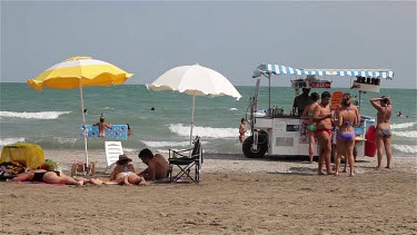 Yellow & White Parasols On Beach, Lido, Venice, Italy