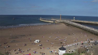 Beach, Twin Piers & Entrance To Harbour, Whitby, North Yorkshire, England