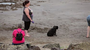 Large Woman With Dog On Beach, Sandsend, North Yorkshire, England