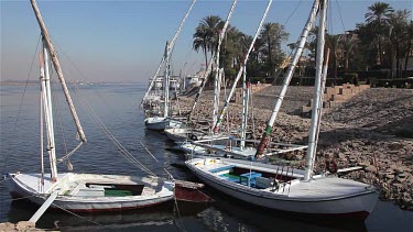 Moored Felucca Boats At Bank, River Nile, Luxor, Egypt