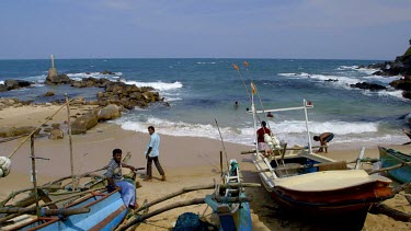 Blue Fishing Boats, Beach & Rocks, Tangalle, Sri Lanka