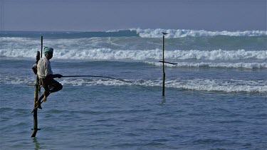 Lone Stilt Fisherman & Surf, Weligama, Sri Lanka, Asia