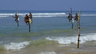 Stilt Fishermen & Surf, Weligama, Sri Lanka, Asia