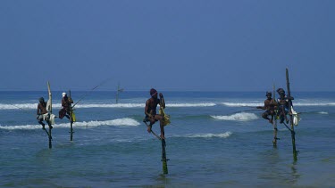 Stilt Fishermen & Surf, Weligama, Sri Lanka, Asia