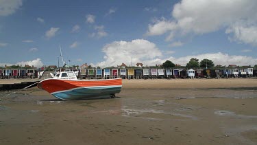 Small Fishing Boat & Beach Chalets, Thorpe Bay, Southend-On-Sea, England