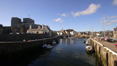 Boats In Harbour & Castle, Castletown, Isle Of Man, British Isles